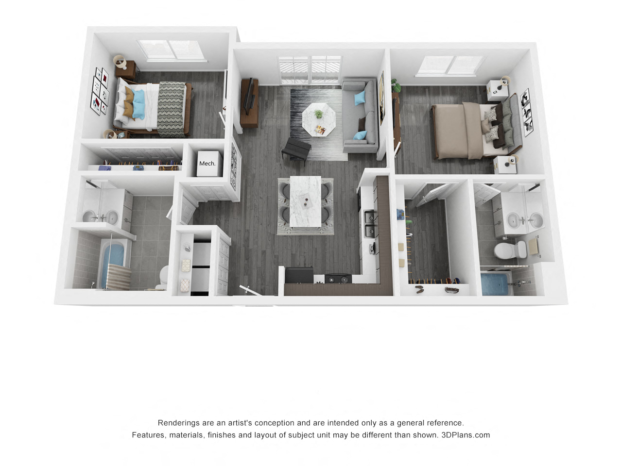 Floor plan for 2 beds, 2 baths, 981 sqft